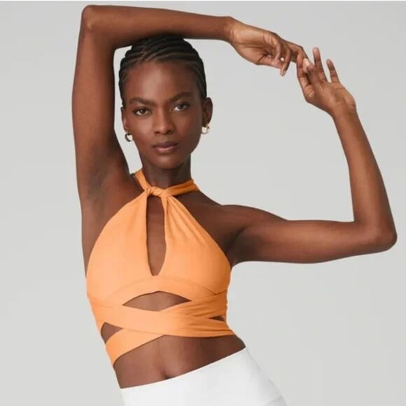 ALO Yoga Tops - Alo Switch It Up Peach Deep V Neck Halter Tie Crop Top Bra Bralette Size Small